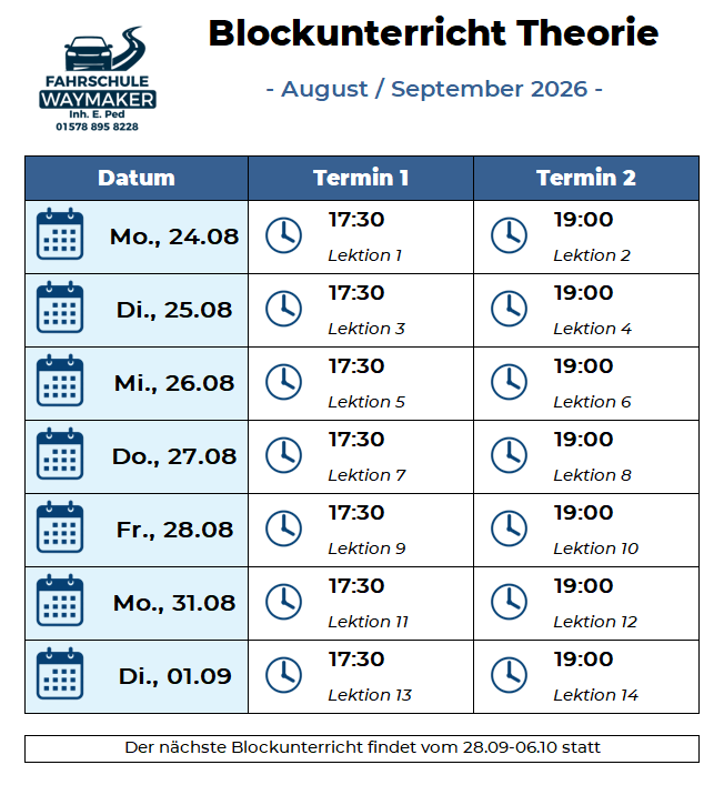 Aktuelle Termine für den Blockunterricht der Fahrschule Waymaker